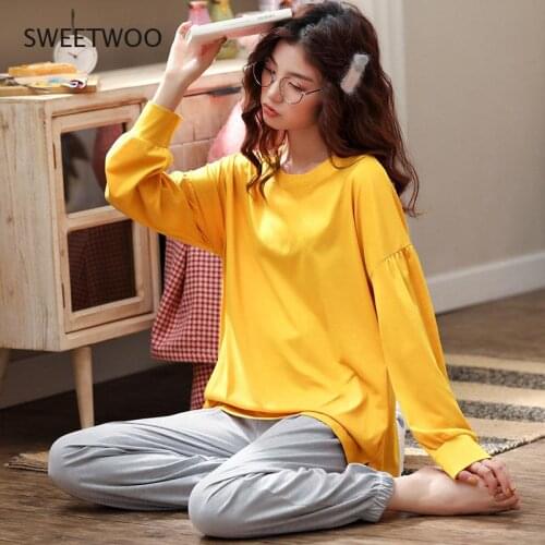 Spring Autumn Pajamas Home Wear Long Sleeve Winter Sets Women Solid Sleepwear Color contrast Lounge Indoor Clothing Plus Size