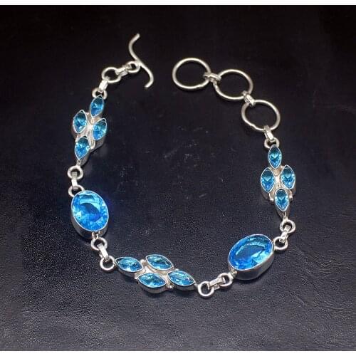 Gemstonefactory Jewelry Big Promotion Single Unique 925 Silver Natural Ocean Blue Topaz Lady Women Charm Bracelet 22cm 20213297