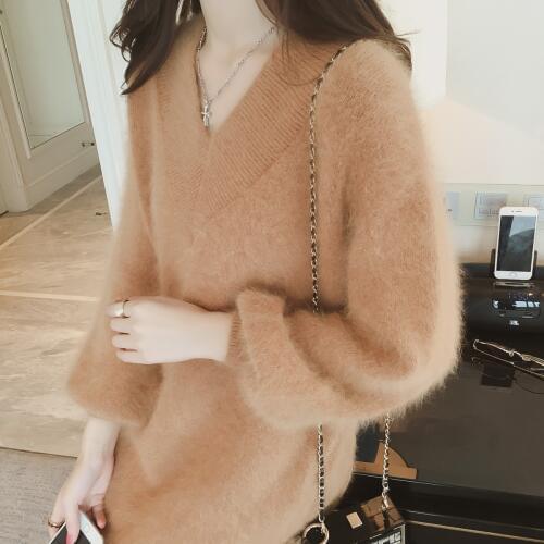 Womens Mohair Sweater Long Velvet Long Lantern Sleeved Wool Pullover Dress V-Neck Knitted Shirts Tops Sweaters 2018 Winter