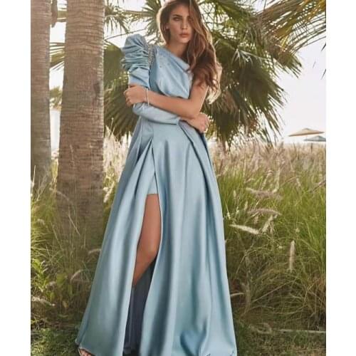 Long One Shoulder Blue Evening Dresses with Pockets Floor Length Zipper Pleat Slit Abendkleider Formal Party Gowns for Women