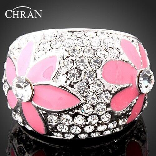 Chran Enamel Pink Flower Prom Wedding Rings for Women Fashion Rhodium Plated Crystal Finger Rings Jewelry Ladies Gifts