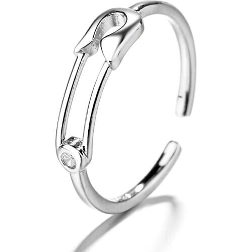 100% Real 925 Sterling Silver Safety Pin Open Ring Cute Simple Hollow Adjustable Rings for Women Girls