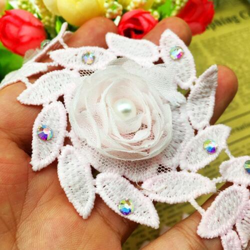 10x Pink 3D Pearl Rose Flower Colorful Diamond Leaf Lace Trim Ribbon Fabric Embroidered Applique Sewing Craft Wedding Dress
