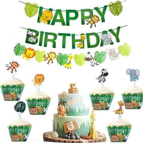 12 Set Jungle Animals Cupcake Wrappers Cake Toppers Insert Flamingo Donut Birthday Party Kids Boy Favor Decoration Supplies