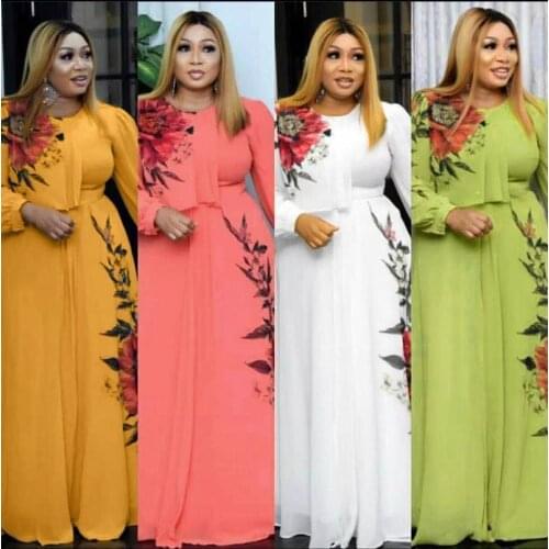 2021 Summer Long Sleeve Dress Plus Size Women O Neck Floral Print Chiffon Boho Beach Dresses Large Size Maxi Long Dresses