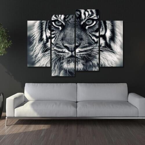 4PCS Printing Ferocious Tiger Wall Art Painting King of The Jungle Poster Living Room Home Decoration Black and White Frameless