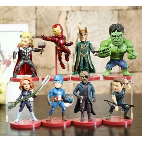 8pcs/set The Avengers Super Hero Hulk Iron Man Captain America Thor Black Widow Hawkeye Loki 8cm Action Figure Toys