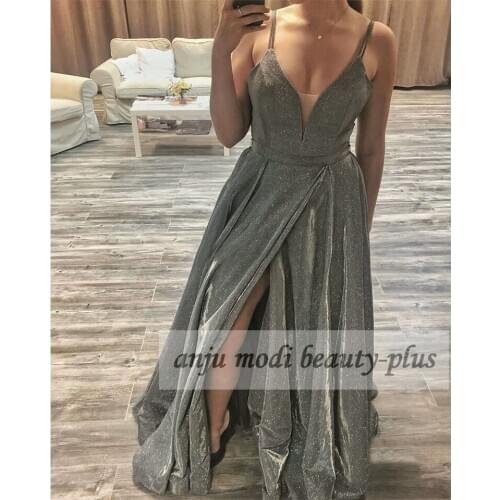 Sparkly V Neck Spaghetti Straps Prom Dresses Long Glittery Cloth Formal Evening Party Gowns Robe De Soiree