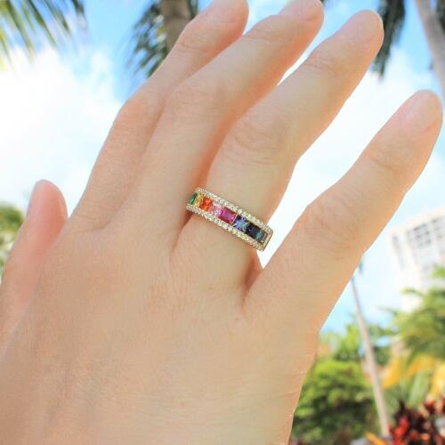 Shinny Rainbow baguette cz Rings fashion colorful gradual finger jewerly gold filled fine women girls delicate bijoux dropship