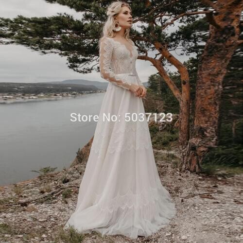 Bohemia A Line Wedding Dresses V Neckline Long Sleeves Vestido De Noiva winsome Lace Soft Tulle Sheer Buttons Back Bride Gowns