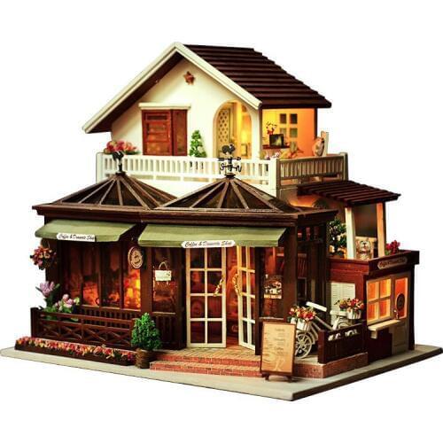 Large Coffee Wooden Doll House Manual Assembling Model Toys Diy Wooden Hut House With Led Light Music Small Tools Birthday Gift