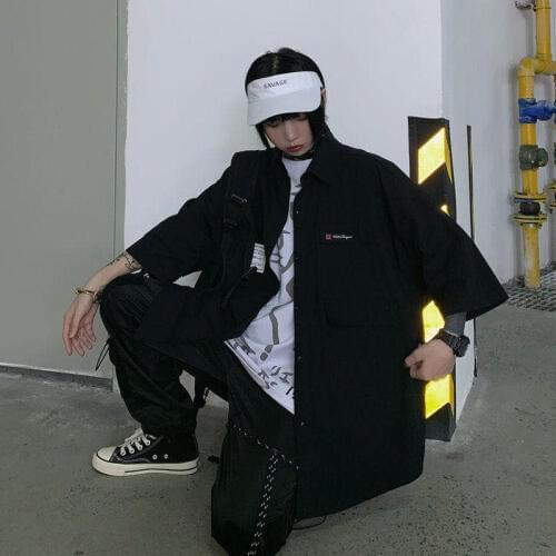 Black short-sleeved shirt female student Korean version loose summer mid-length half-sleeved tooling shirt jacket female s-xl