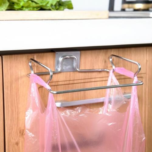 Stainless steel trash bag holder door hook tools rack garbage bags hanger Cupboard Stand Support storage kitchen Accessories