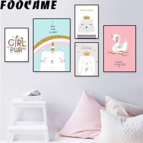 FOOCAME Sweet Rabbit Unicorn cat Cartoon Poster Wall Art Print Canvas Painting Nursery Decoration Pictures Baby Room Bedroom
