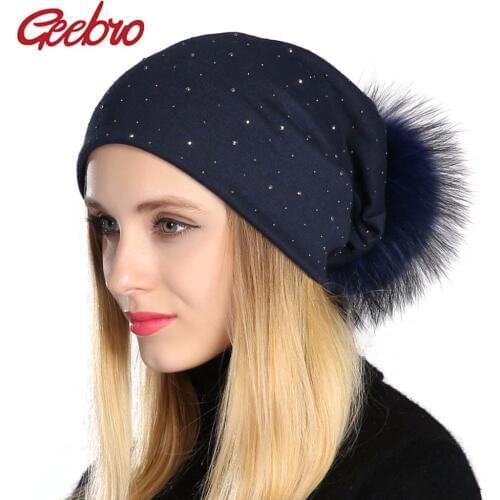 Geebro Womens Rhinestones Slouchy Beanie Hat with Pompom Hat for Women Plain Color Beanies Hats Female Raccoon Fur Pompon Skull