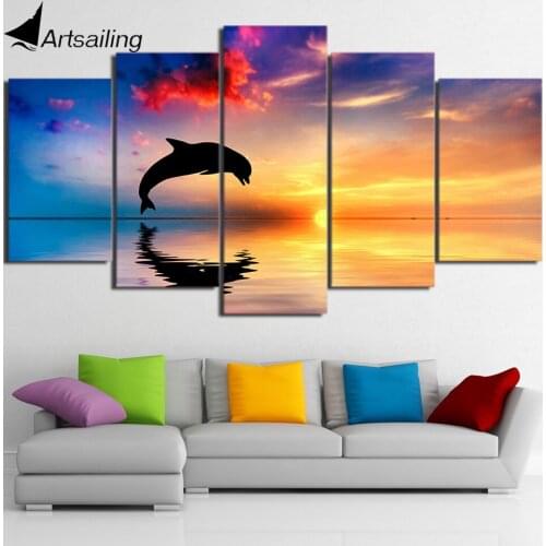 HD Printed Ocean sunset dolphin picture Painting wall art room decor print poster picture canvas Free shipping/ny-752