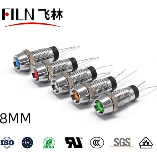 FILN Metal Concave head 8mm led 24v 110v 220v orange led indicator light red green blue signal lamp without wire