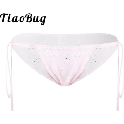 Mens Elastic Waist Straps Briefs Erotic Lingerie Sissy Underpants Underwear Adorned Glittering Stars Print Ruffle Lace Panties