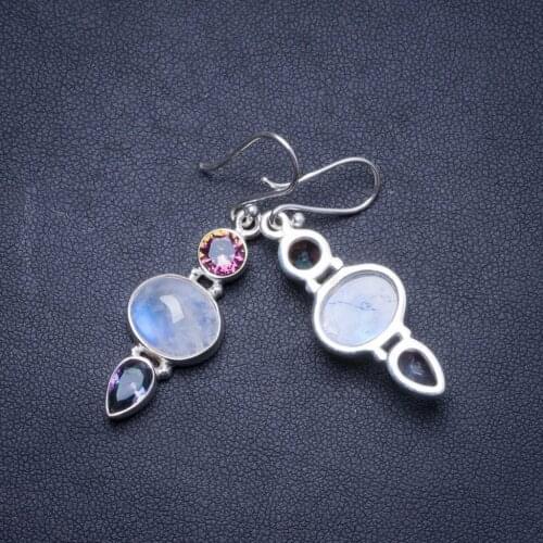 Natural Rainbow Moonstone and Rainbow Topaz Handmade Unique 925 Sterling Silver Earrings 1.75" X4348
