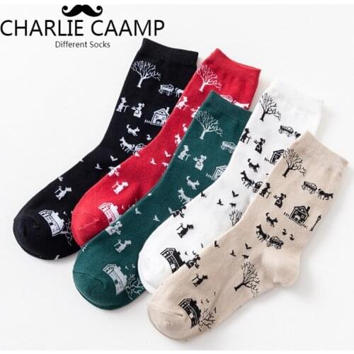 2018Autumn Winter New Ladies Cotton Socks Creative Cartoon Japanese Trees House Fashion Trend Personality Women Short Socks J117