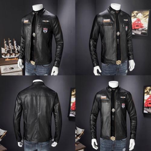 New Men Retro Style Zipped Biker Jacket Real Leather Soft Black Casual Work Wear