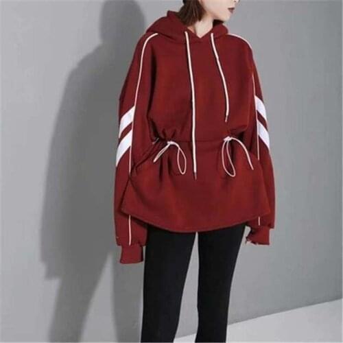 Autumn and Winter New Womens Two-wear Drawstring Pullover Sweater Loose White Striped Mid-length Hooded Womens Clothing WH75