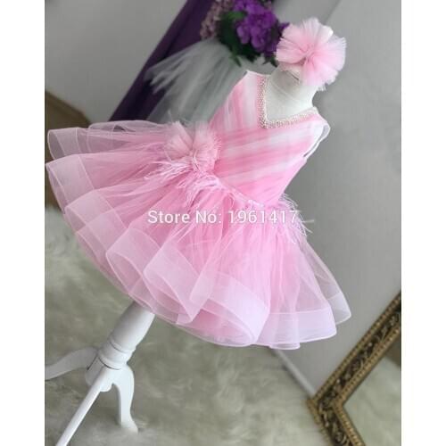 New Pink Luxury Little Girls Birthday Dresses Puffy Flower Girls Dresses Pageant Gown Custom Made AG0337