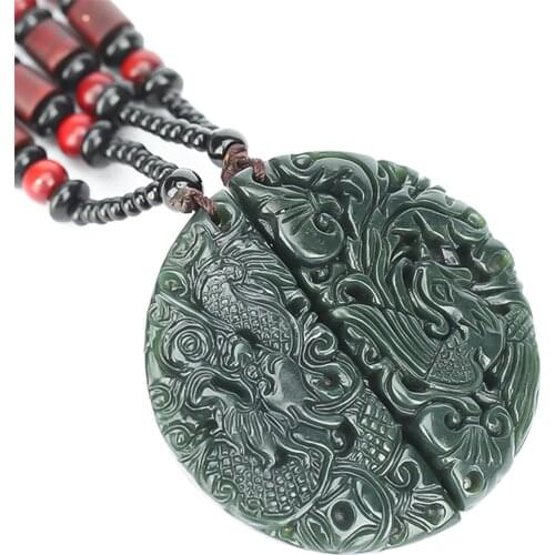 Pure Natural Green A Grade Jade Dragon Phoenix Couple Amulet Pendant Necklace