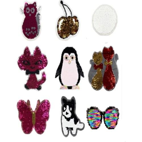 Sequins applique patches multicolor Smiling face Cat animal cloth paste change color diy craft sew on coat for kids decoration