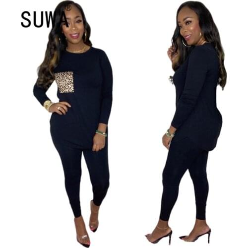 Casual Home Wear Tracksuit Women 2 Piece Outfits Matching Sets Long Sleeve Loose T-Shirt Top With Leopard Pocket Sweatpants
