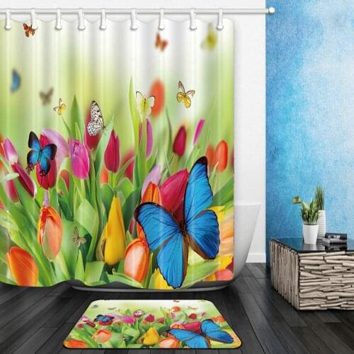 Tulip Flower Butterfly Shower Curtains Set Spring Floral Plant Scenery Bathroom Decor Home Bath Curtain and Flannel Mat 40x60 cm