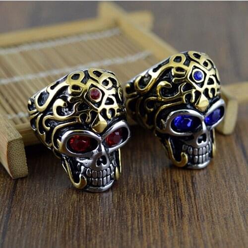 Vintage Red/Blue Stone Golden Pattern Skull Ring For Men Cool 316L Stainless Steel Skull Biker Ring Male Hip Hop Punk Jewelry