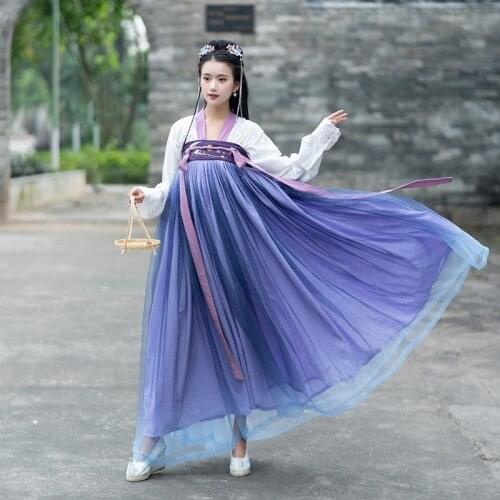 Blue ancient style Tang Dynasty embroidered chest length Ru skirt Han Fu suit Han element 6 m big swing skirt Xia nu