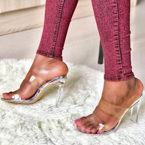 2021 Women Sexy Fashon Shoes Crystal Sandals Hot Chunky Sexy Heel Pvc Zapatillas Casa Mujer Sapatos Femininos