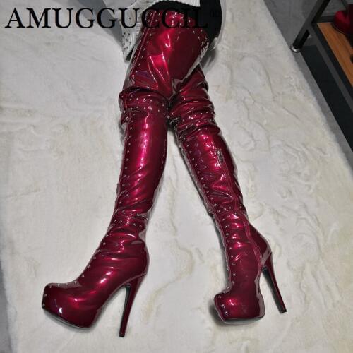 2021 Plus Big Size 35-52 Blue Wine-red Zip Rivets Fashion Sexy Thigh High Heel Over The Knee Winter Autumn Lady Women Boot X1799