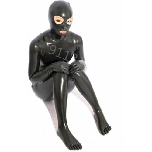 Sexy Natural Latex Woman Full Body Catsuit Women Jumpsuits with hood&gloves and 5 toes socks back zippers