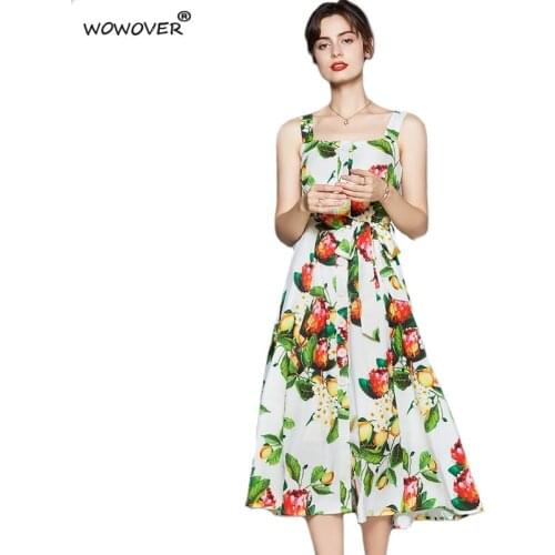 2021 New Fashionable Runway Spaghetti Strap Fruit Print Summer Dress Women Elegant Square Collar Backless Holiday Vestidos Robe