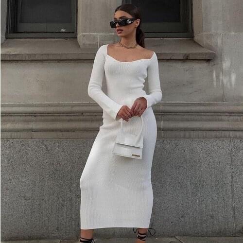 Winter Ribbed Knitted Cotton Midi Dress Women Square Neck Long Sleeve Sexy Bodycon Split Dresses Elastic Slim Party Vestidos