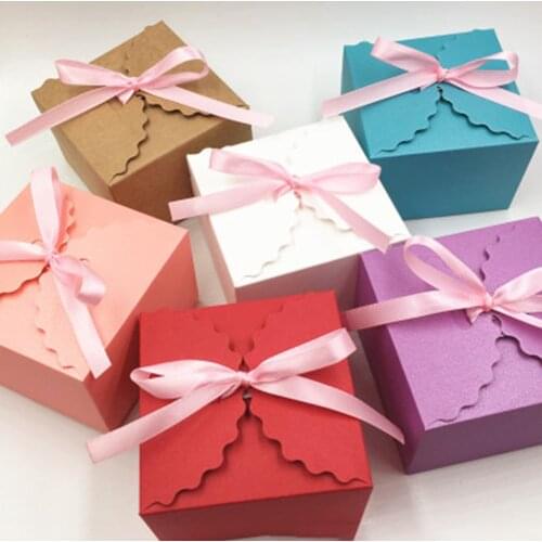 1pc Package Box Kraft Cake Candy Snack Box Jewelry Gift Box With Pink Ribbon Party Packing Casetoy Box