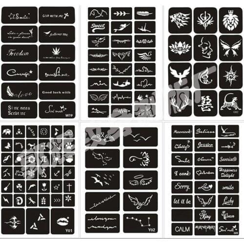 121 Designs/set Airbrush Henna Stencils Arabic English Letters Lip Cross Patterns Glitter Tattoo Set Drawing Template Pochoir