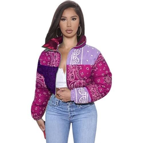 2021 Winter Bandana Print Parkas Short Padded Coat Stand Collar Warm Thick Zipper Jacket Outwear Fashion Bubble Coat Fashion
