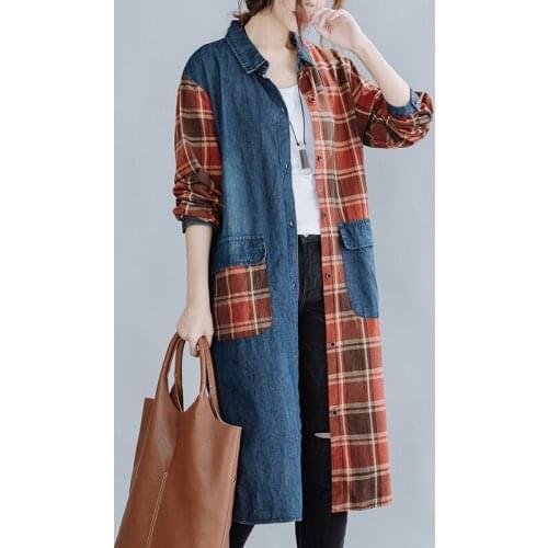 #3152 Spring Spliced Denim Plaid Shirts Women Loose Vintage Long Shirts For Women Retro Casual Jeans Shirts Female Long Sleeved