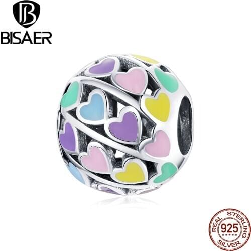 BISAER Colorful Hearts Beads 925 Sterling Silver Heart Shaped Charms Pendant Fit Silver Original Bracelet DIY Jewelry ECC1758