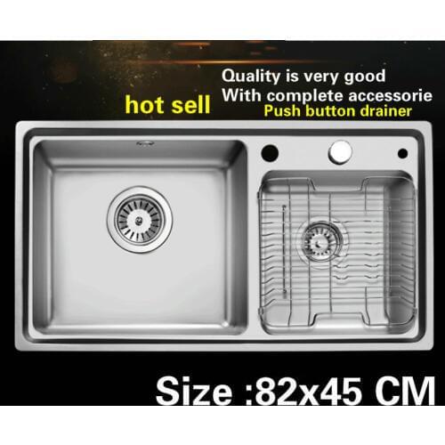 Free shipping Household vogue push button drainer kitchen double groove sink durable 304 stainless steel big hot sell 82x45 CM