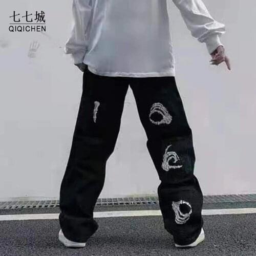 Harajuku Hand Print Jeans Pants Men Streetwear Oversize Straight Baggy Casual Denim Harajuku Multi-pocket Trousers Couple 2021