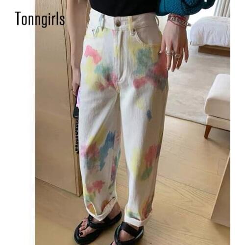 Tonngirls Women Wide Leg Pants Casual Loose High Waist Denim Jeans Tie Dye Denim Jeans Trousers Women Y2k Vintage Jeans 2021