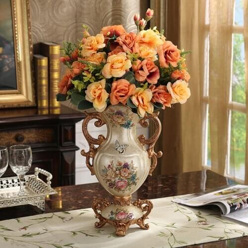 European Retro Luxury Vase Figurines Decoration Home Artificial Flower Arrangement Creative Porch Restaurant Resin Crafts Gifts