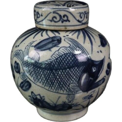 Open piece porcelain blue and white fish algae covered jar