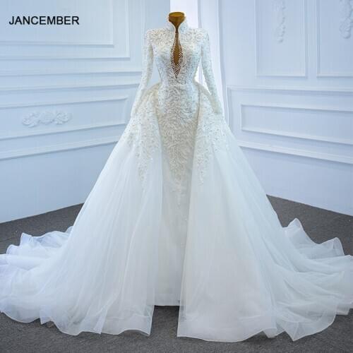 J67218 Elegant Charming High Neck Pearls Wedding Dress 2020 Appliques Ball Gowns Long Sleeve Flowerls