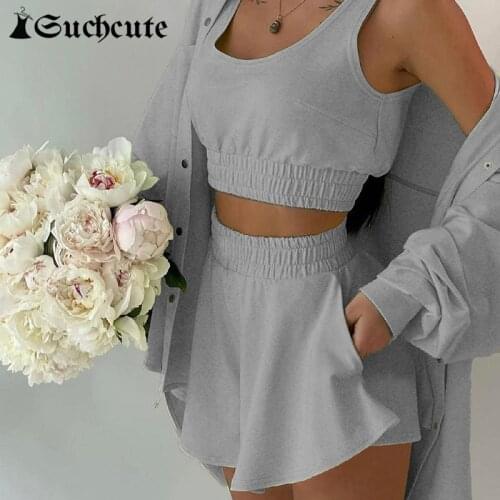 SUCHCUTE Women Set Solid Tank Top Shorts Two Pieces Sets Sportswear Casual Streetwear Outfits Vintage Summer Shorts Sets Korean